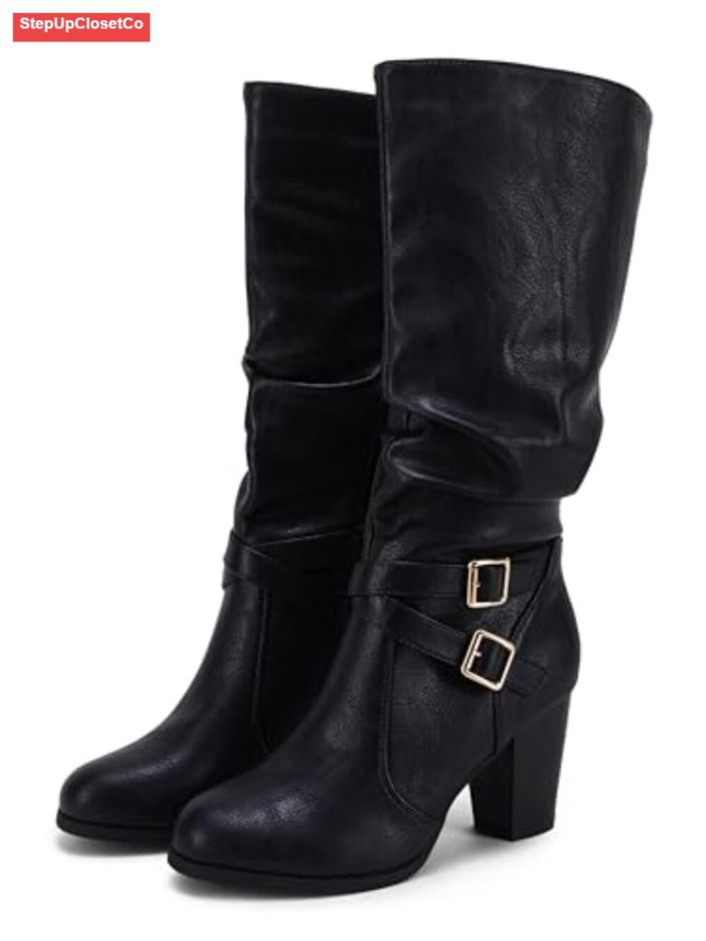 Womens Mid Calf Boots Chunky Heel Faux Leather Side Zipper Fashion Winter Shoes